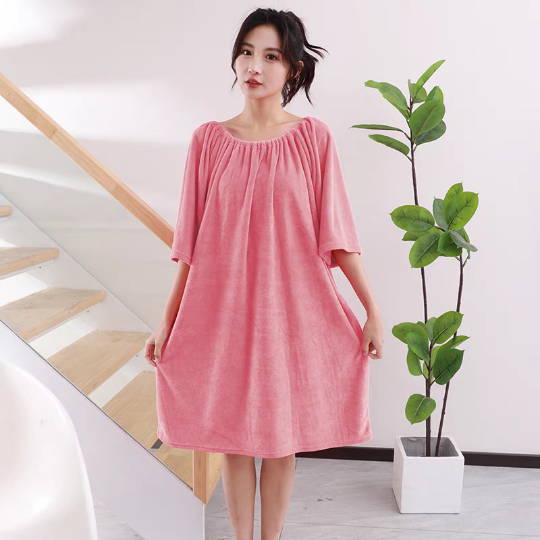 美容院按摩服肩颈按摩可穿浴巾加长睡裙宽松睡衣家居服短袖新款女