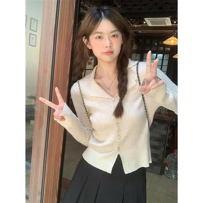 polo领长袖针织衫女装秋季2025新款复古条纹撞色修身显瘦短款上衣