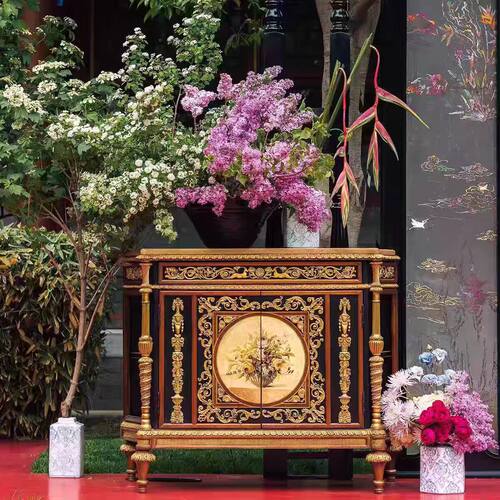 福溢家具 英式复古家具 温莎堡系列 走廊柜 实木雕刻玄关柜储物柜