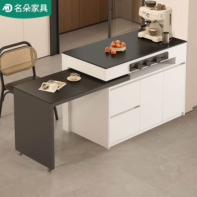 实木旋转岛台餐桌一体家用可伸缩