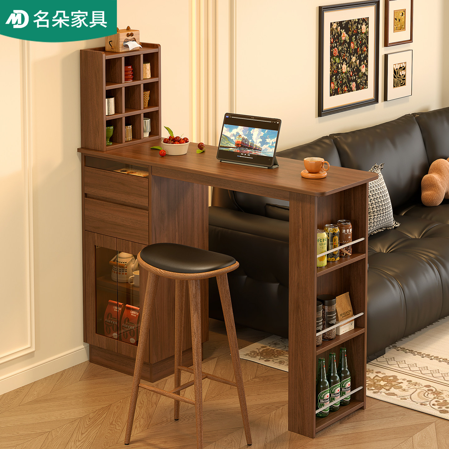 实木伸缩吧台桌家用吧台柜置物小户型岛台客厅餐厅隔断储物柜5E94