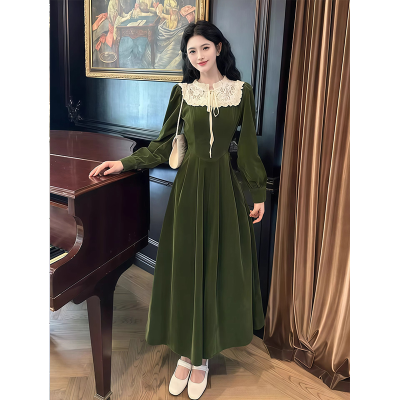 法式复古蕾丝拼接长袖连衣裙女秋季新款修身显瘦高级感A字裙长裙