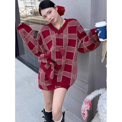 高级感格子慵懒风宽松V领毛衣配半身包臀裙两件套女秋冬针织套装