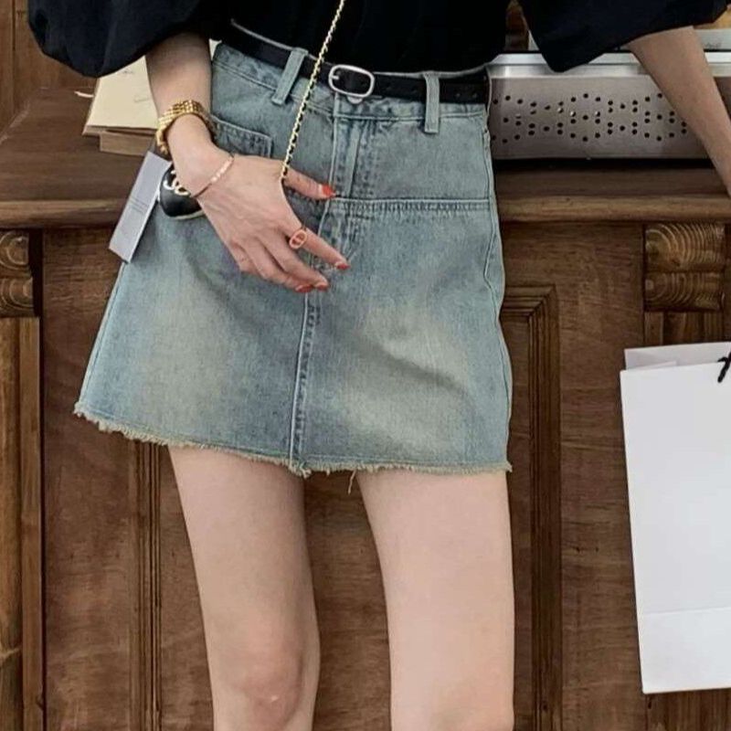 清仓现货毛边a字直筒牛仔短裙女