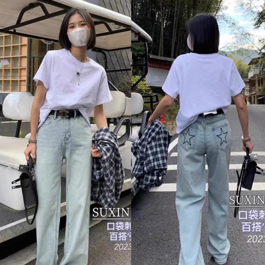 十三行五角星刺绣印花牛仔裤女