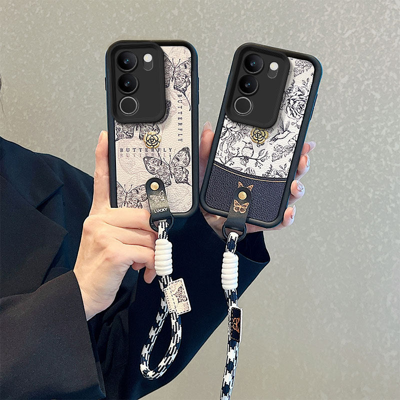 山茶花适用vivoS17手机壳卡通可爱女vovoV295G保护套vivis17秋冬小羊皮纹S17Pro潮女时尚设计感vlvo手绳个性