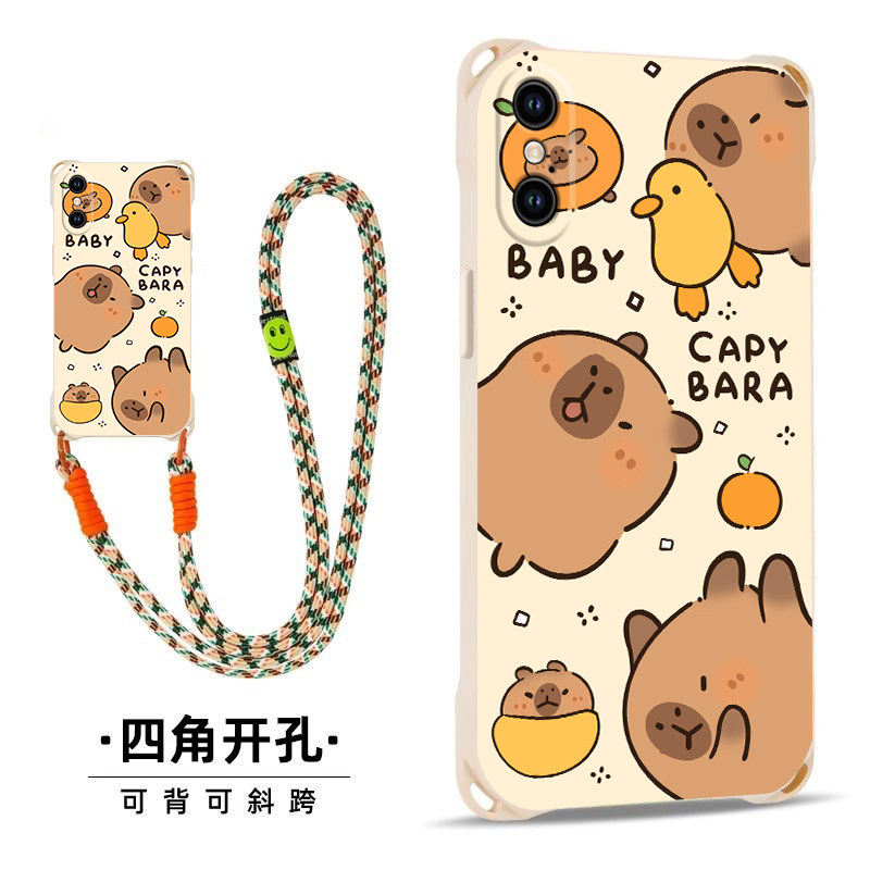 卡皮巴拉适用iPhoneX斜跨手机壳XR小众日韩超萌XS卡通可爱少女XSMax硅胶时尚男女X个性手绳X保护套简约全包边