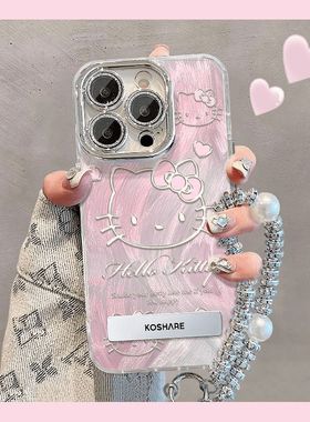 可爱少女闪粉kitty猫适用苹果16手机壳iphone14promax日韩带镜头膜13新款小众高级感ihpone7plus保护套ins风
