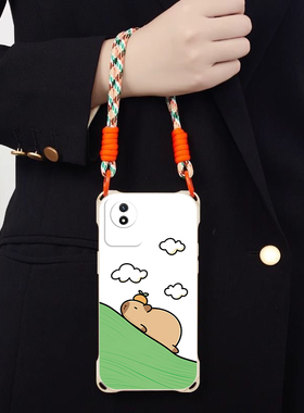 躺平可爱豚鼠适用vivoY112023斜跨手机壳小众日韩超萌卡通少女硅胶时尚男女Y112023个性手绳保护套