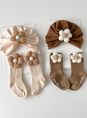 宝宝帽子春秋可爱花朵婴儿印度帽0-12个月新生儿囟门胎帽袜子套装