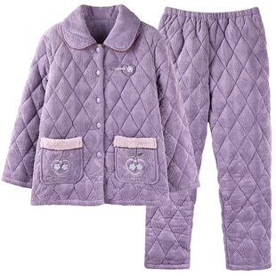 芬腾三层夹棉睡衣女冬季珊瑚绒加厚加绒保暖法兰绒中年家居服套装