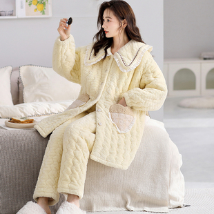 芬腾睡衣女冬季三层加厚夹棉可爱珊瑚绒加绒保暖中长款棉袄家居服