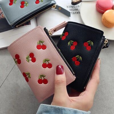 Women Vertical Buckle Cherry Embroidered Small Short Wallet