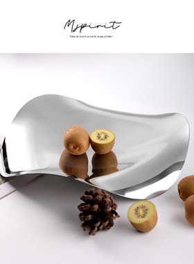 现代简约轻奢不锈钢水果盘创意艺术软装饰品样板房异形银色收纳盘