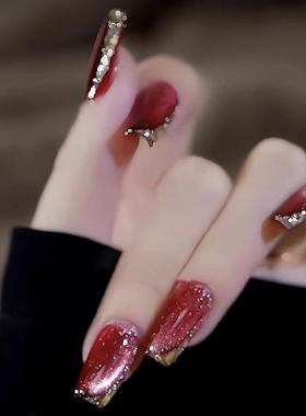 GC【朗姆红茶】红色新年猫眼美甲高级氛围感气质显白可拆卸穿戴甲