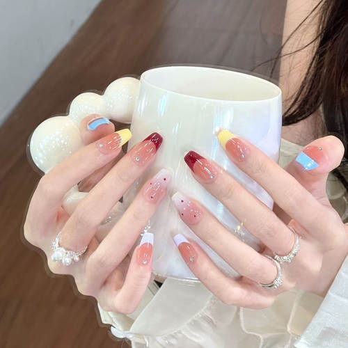 GC【彩虹】多巴胺法式显白渐变腮红气质假指甲美甲贴手工穿戴甲