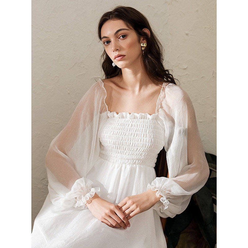 超仙连衣裙2020新款女法式气质方领灯笼袖高腰大摆裙荷叶边长裙夏