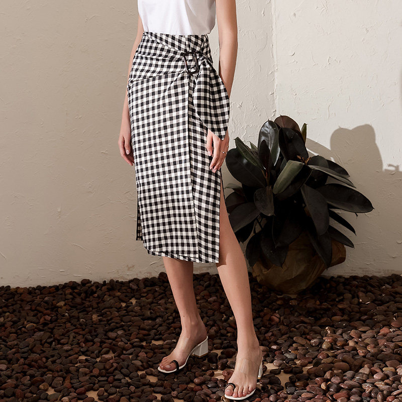 复古格子半裙女2020新款高腰显瘦中长款开叉格纹裙子气质半身裙夏