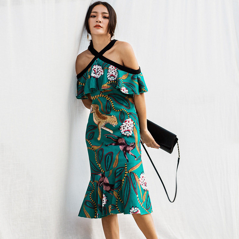 印花鱼尾裙夏度假性感吊带中长款沙滩裙长裙修身显瘦荷叶边连衣裙