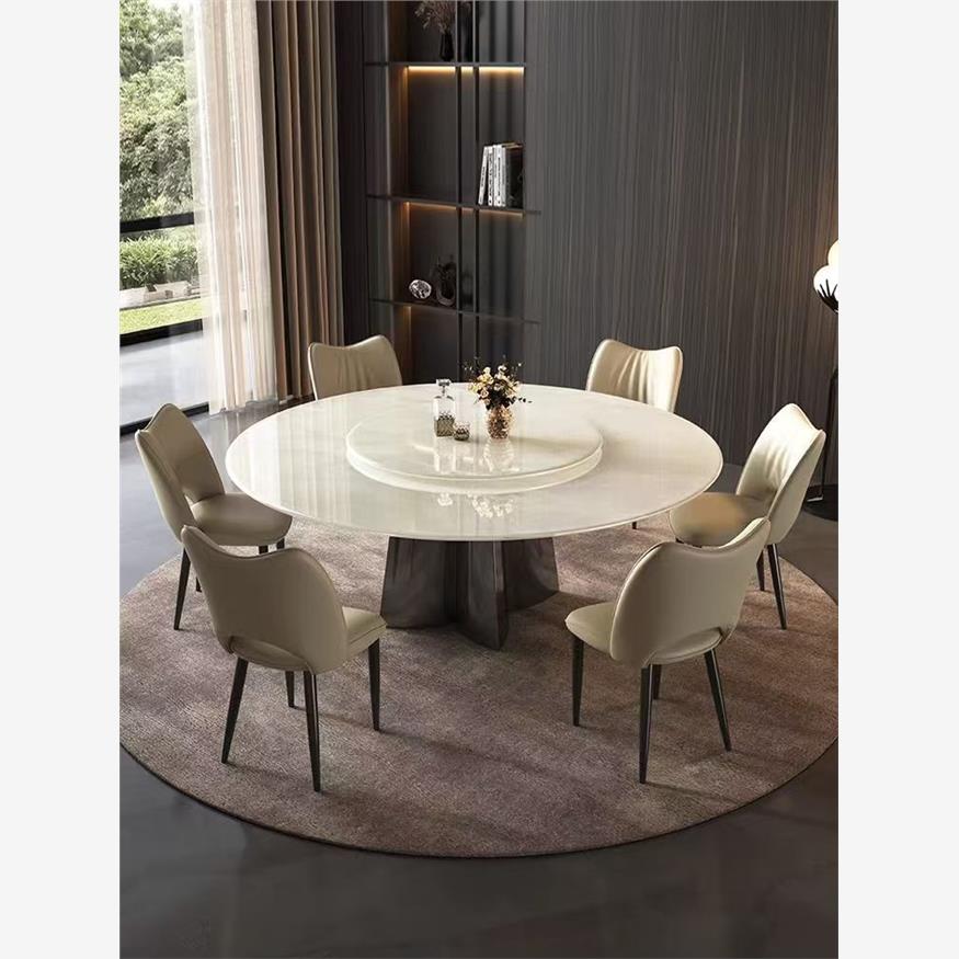 天然白冰玉大理石餐桌椅组合奢石高档圆形饭桌圆桌带转盘不锈钢