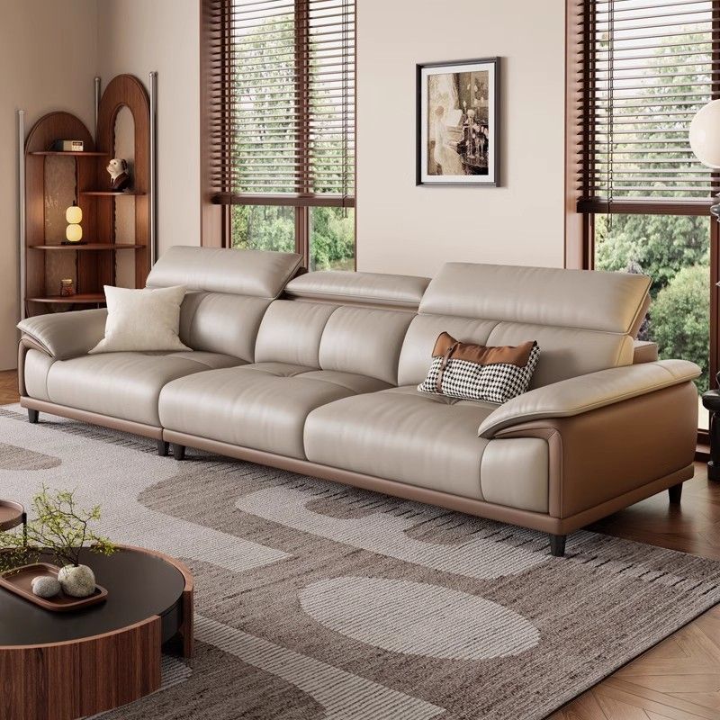 森华派意式轻奢真皮沙发客厅头枕可调节三人位直排奶油风铁艺沙发
