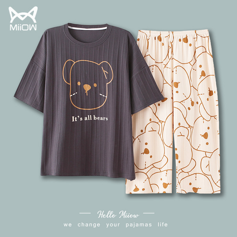 3猫人睡衣女2021年新款夏季纯棉短袖七分裤薄款宽松大码家居服外穿