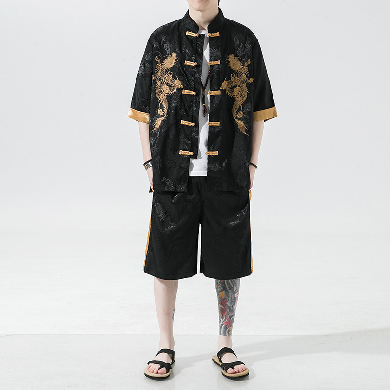 春夏龙纹刺绣唐装套装男大码古风道袍薄款冰丝短袖汉服潮流两件套