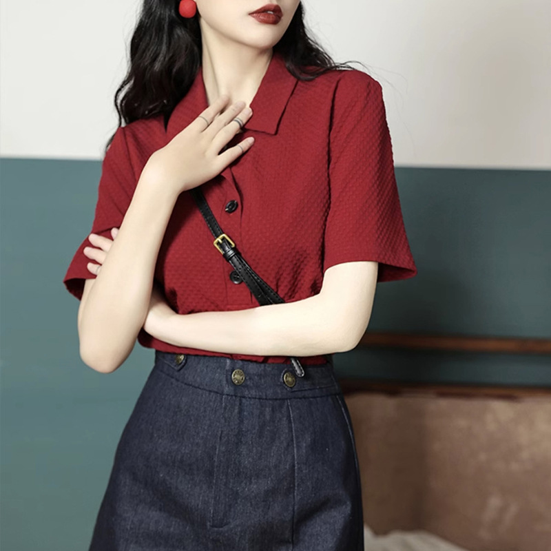 日系设计师topwhit夏季新款港风polo领t恤女士短袖复古气质百搭