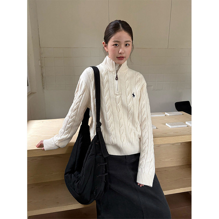 日系设计师topwhit 韩系气质麻花套头拉链毛衣女冬季新款保暖加厚