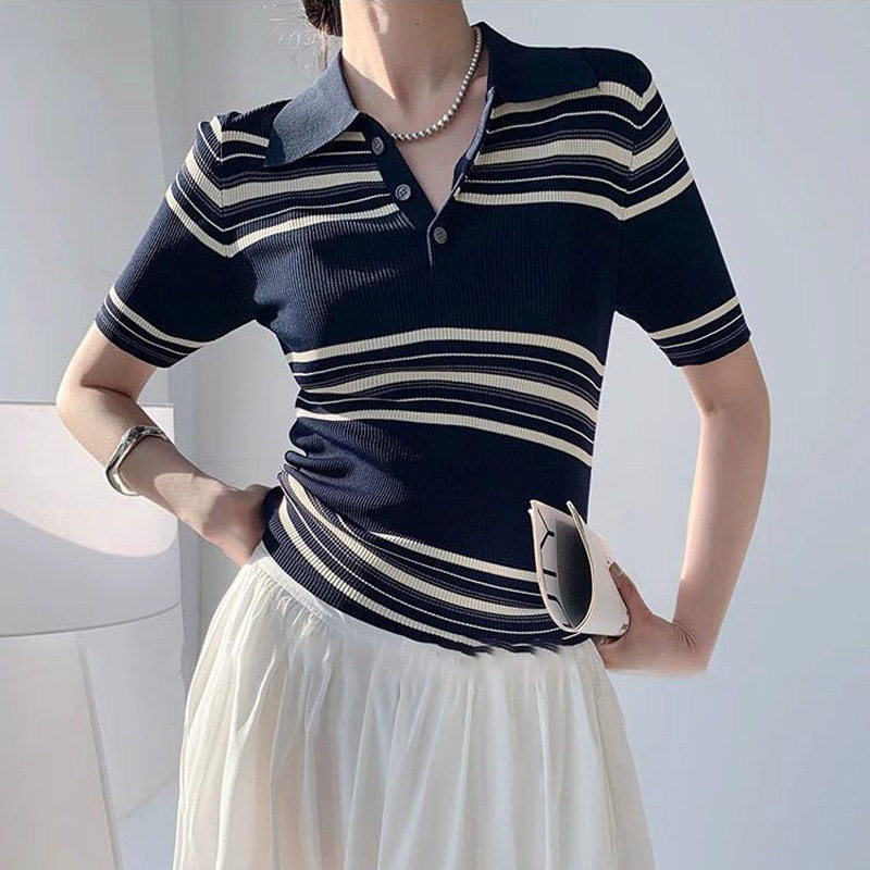 日系设计师topwhit法式撞色条纹polo领针织衫女夏季新款短袖高级