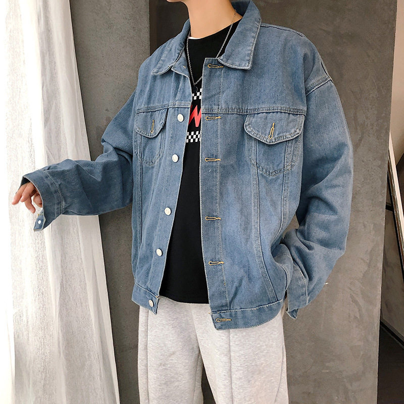 cherry kitty秋季男士潮牌牛仔外套男宽松长袖纯色夹克嘻哈青年