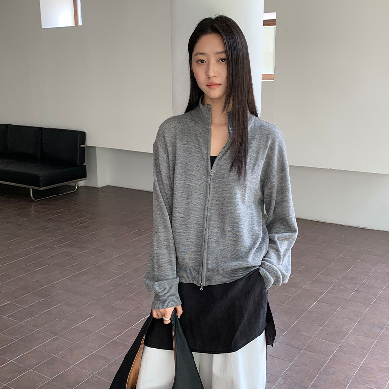 日系设计师topwhit 休闲风拉链针织开衫女秋季新款立领宽松百搭