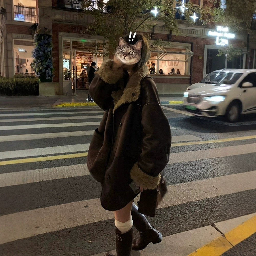 日本cherry kitty两面穿羊羔毛外套女冬中长款宽松皮毛一体机车
