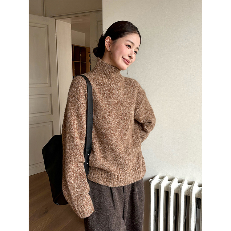 日系设计师topwhit 基础高领宽松百搭暖和羊毛混纺针织厚毛衣女