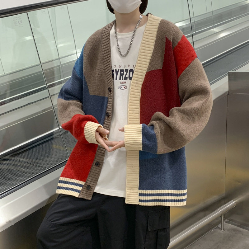 cherry kitty开衫毛衣男港风ins拼色宽松毛线衣外套情侣秋冬季