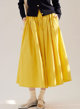 日系设计师TopWhit25春季明黄色新疆长绒棉松紧褶裥大摆伞裙