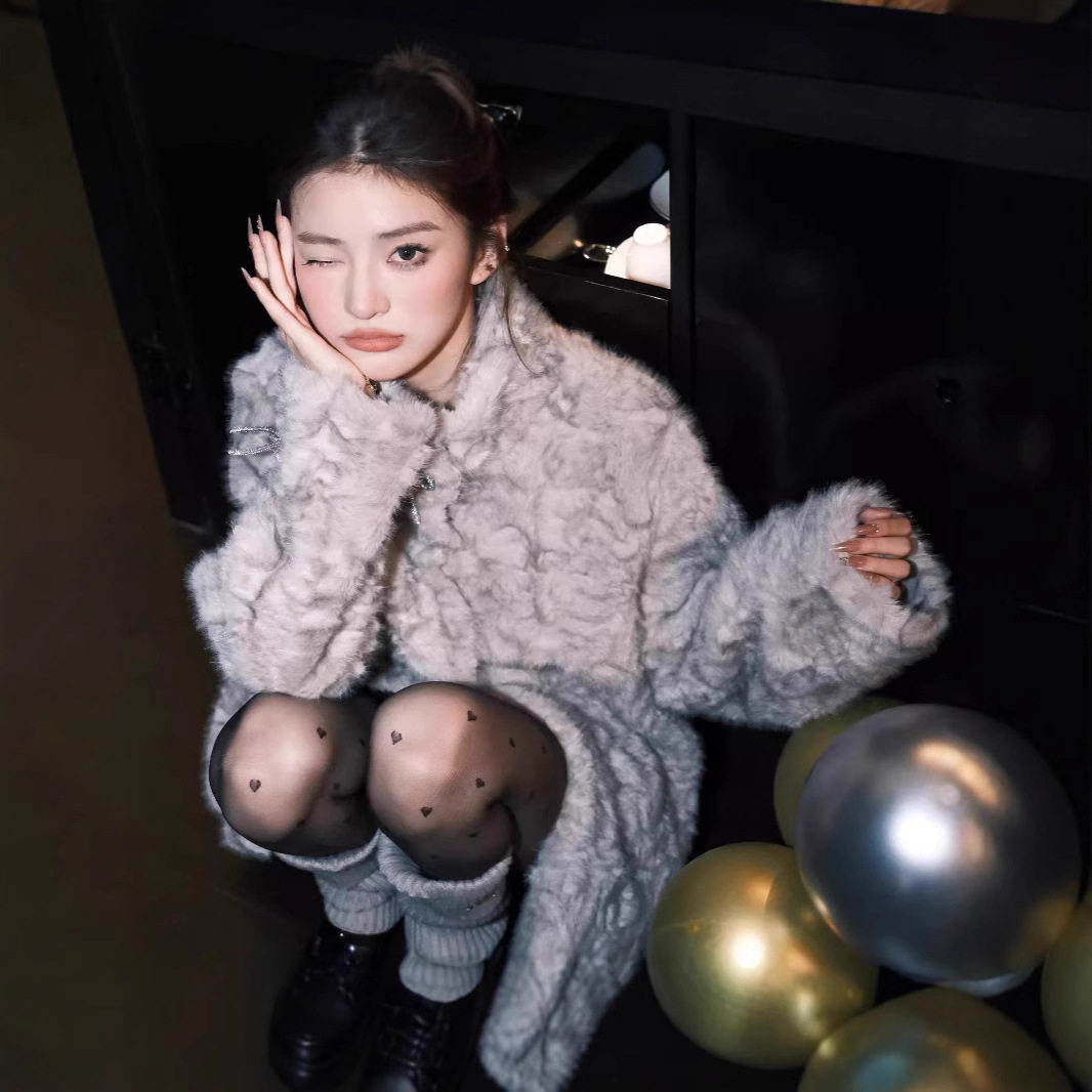 日本cherry kitty小火山努努月影少女立领染尖环保皮草外套女冬