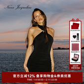 NanaJacqueline系带挂脖连衣裙女新款 可拆卸胸针复古性感高弹短裙