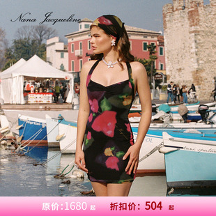 NanaJacqueline原创印花挂脖连衣裙女三角梅短裙含头巾 甄选3折