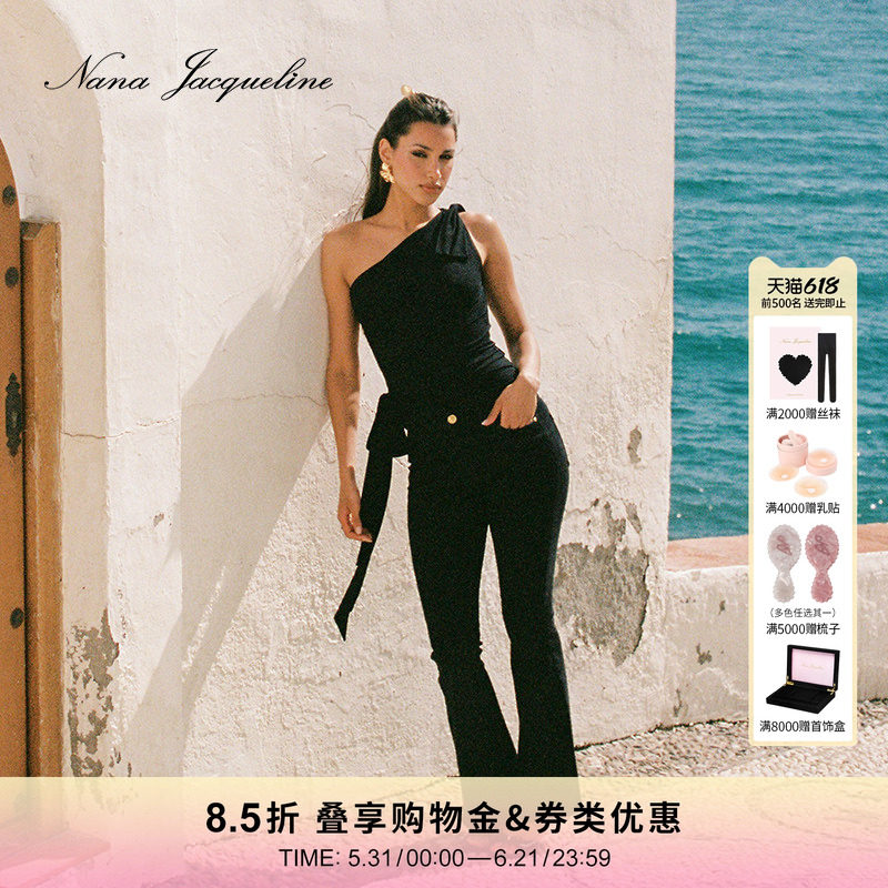 【柳智敏同款】NanaJacqueline套装女新款蝴蝶结抽褶飘带高弹单肩