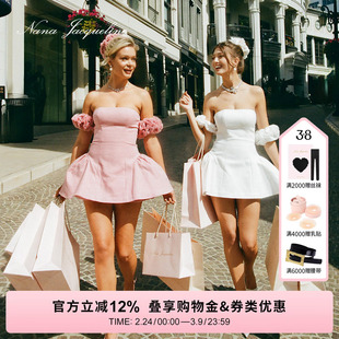 【戚薇同款】NanaJacqueline可活动花球袖抹胸连衣裙女日常小礼服