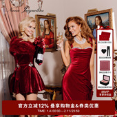 戚薇同款 NanaJacqueline毛领钻饰丝绒气质连衣裙礼服新年战袍