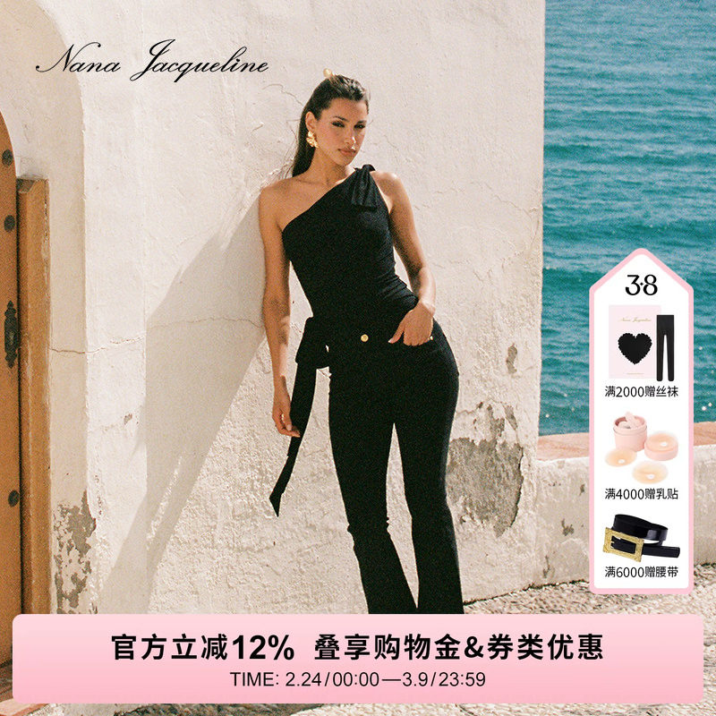 【柳智敏同款】NanaJacqueline套装女新款蝴蝶结抽褶飘带高弹单肩