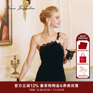NanaJacqueline黑丝绒连衣裙女钻扣蕾丝长裙轻礼服 蒋梦婕同款