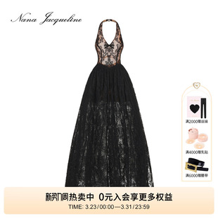 NanaJacqueline蕾丝蝴蝶结挂脖连衣裙女春新款 防走光性感晚宴礼服