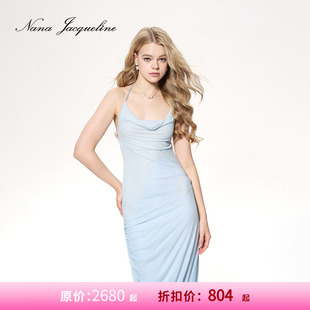 NanaJacqueline蕾丝挂脖荡领连衣裙女网纱拼接抽皱长裙 甄选3折