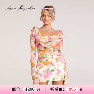 网眼弹力紧身上衣 甄选7折 NanaJacqueline印花蝴蝶结弹力堆堆袖