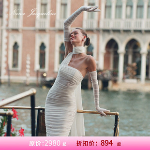 [甄选3折]NanaJacqueline明星同款飘带褶皱连衣裙礼服长裙含手套