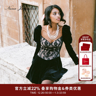 NanaJacqueline泡泡袖 鱼骨收腰俏皮短裙 丝绒蕾丝连衣裙女品牌新款