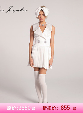 [甄选3折]NanaJacqueline光泽感翻领百褶连衣裙气质无袖钻扣短裙